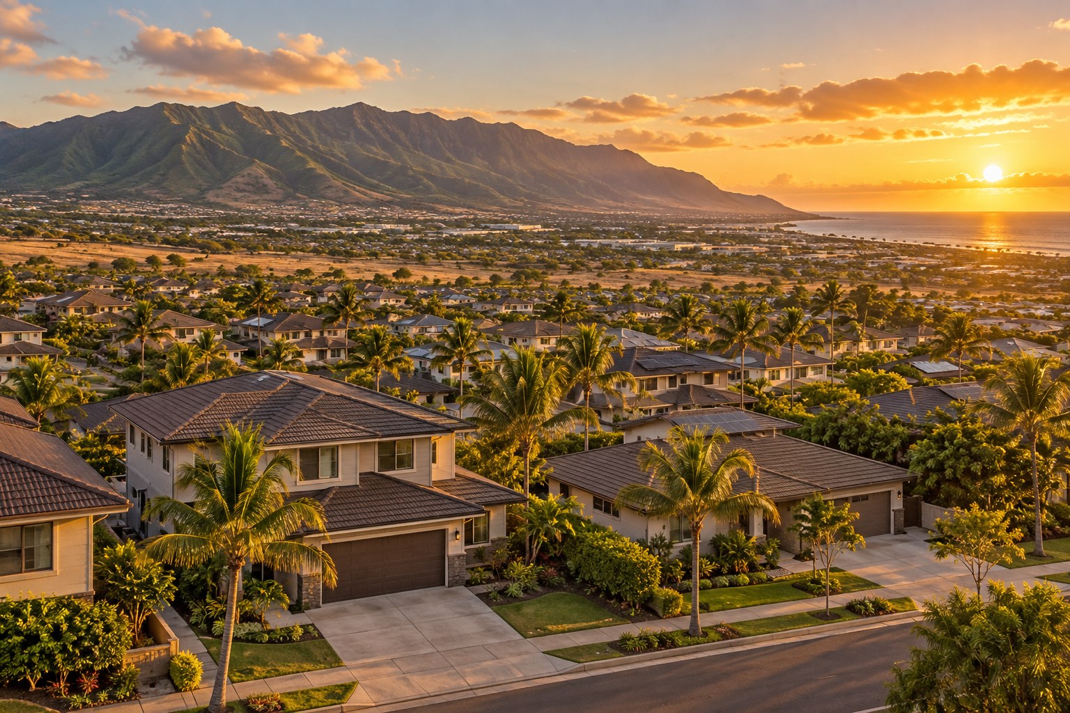 A Kapolei, Oahu neighborhood at golden hour, illustrative