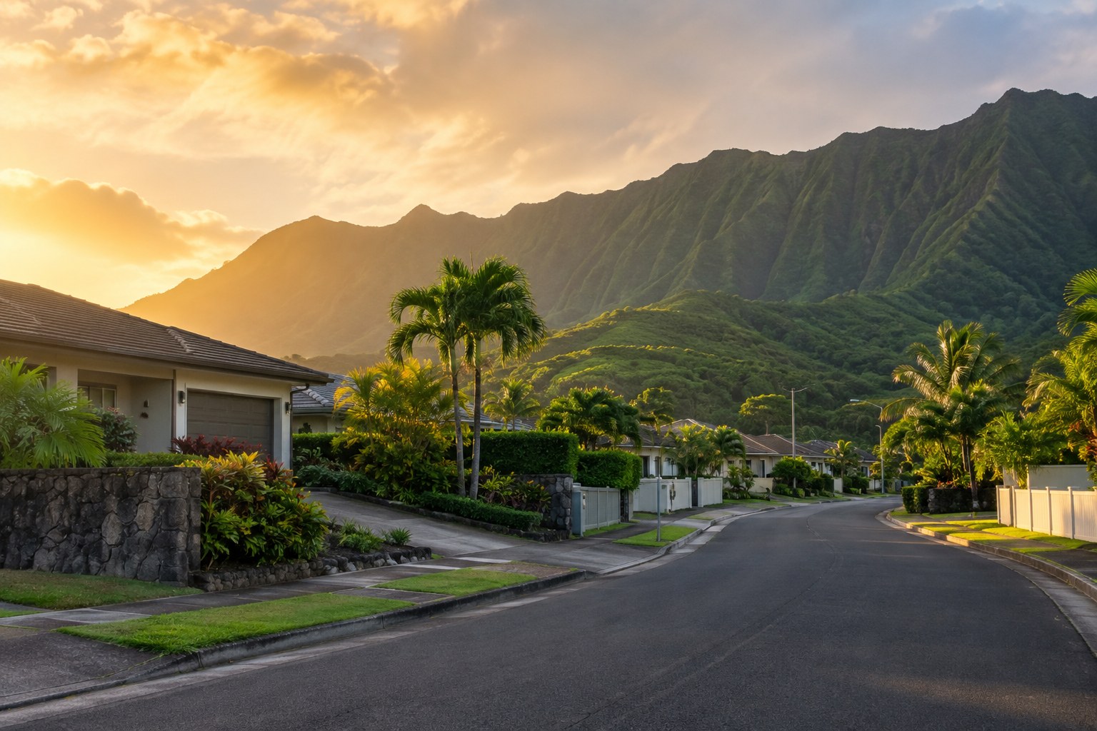 A windward Oahu street at sunset, illustrative