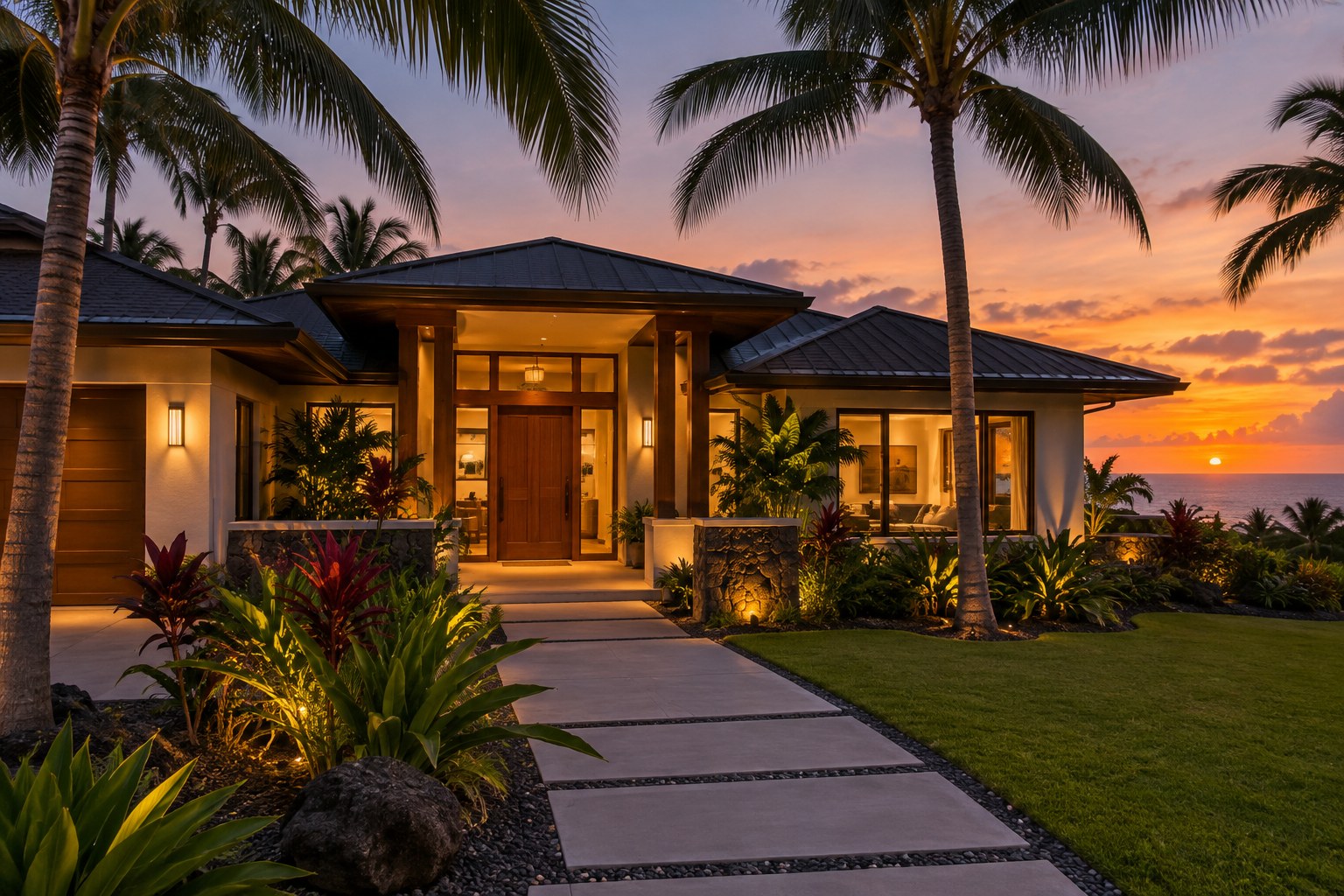 A modern Oahu home exterior at dusk, illustrative
