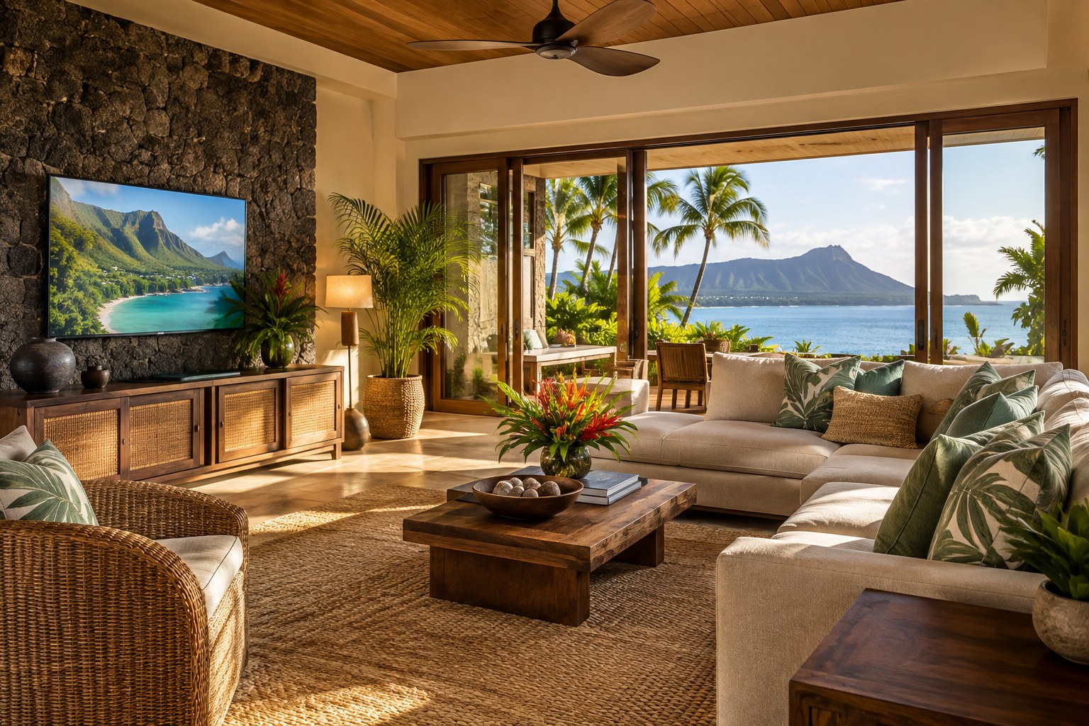 A cozy Hawaii living room, illustrative
